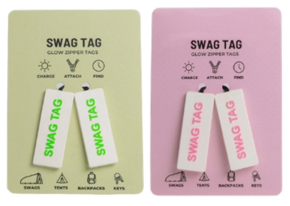 SwagTag glow zipper tags - green and pink two-packs side by side