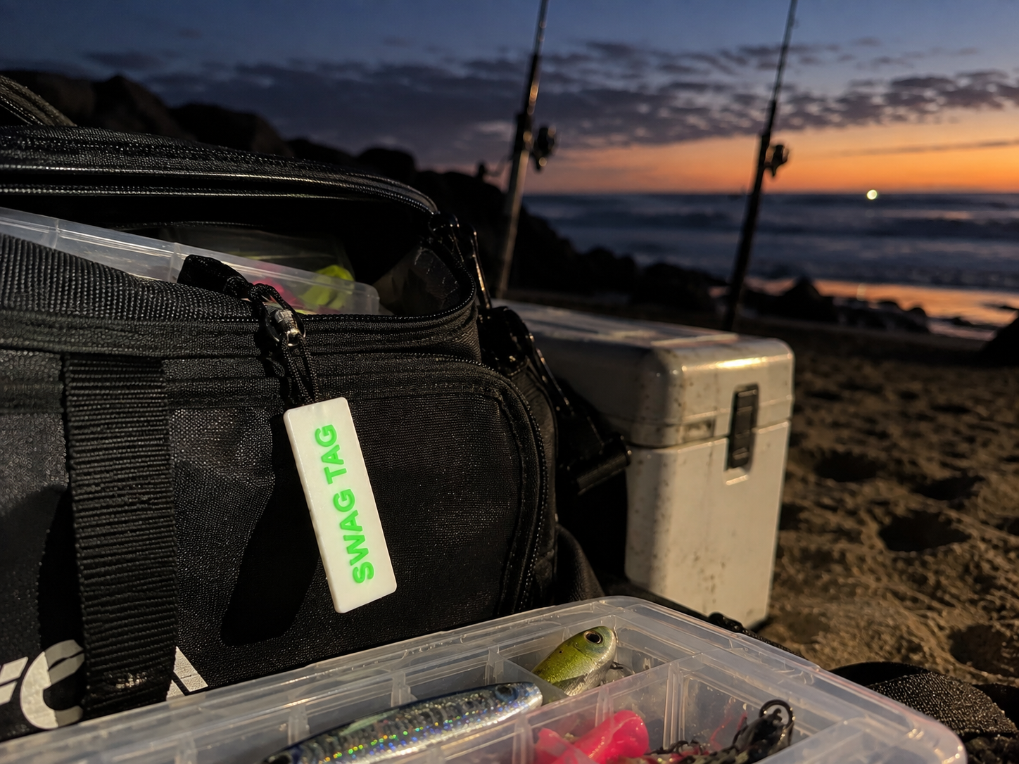 SwagTag on fishing tackle bag at the beach
