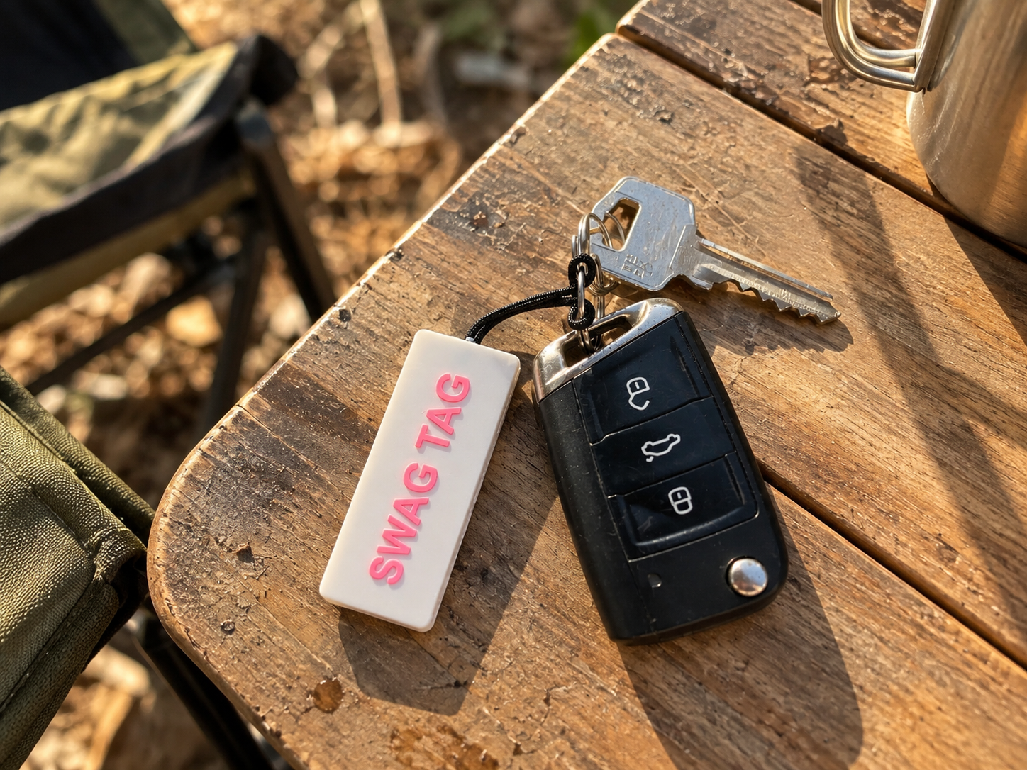 Pink SwagTag on car keys on a wooden table